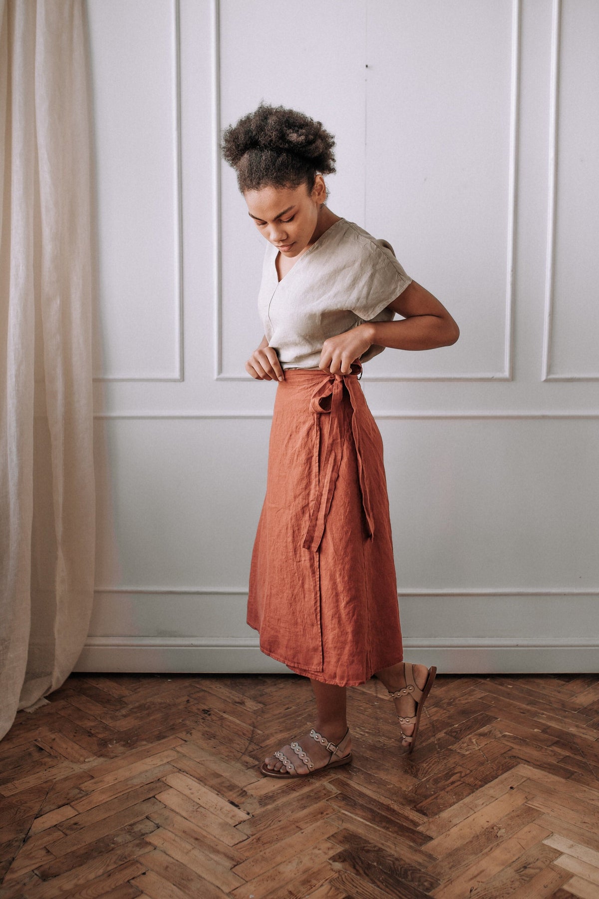 Handmade Linen A-Line Wrap Skirt with Ties - Orange Midi Skirt